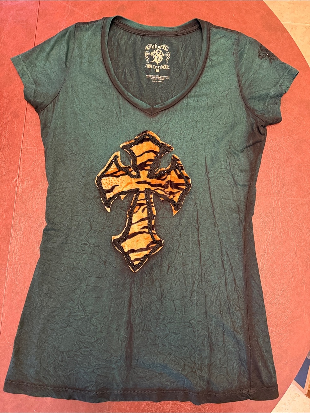 Rebel Spirit Women's Dark Green V-Neck Tee with Tiger-Print Cross